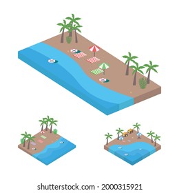 2.5D Sandy beach landscape vector illustration. Sandy beach collection vector with lifebuoy and coconut tree. Seashore 3D art with a lifebuoy and sunbathe.