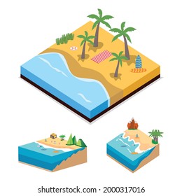 2.5D Sandy beach landscape vector design. Sandy beach collection with lifebuoy and surfboard. Seashore 3D art with lifebuoy and sunbathe.