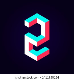 2.5d stylized blue red solid isometric number vector on dark background, modular geometric cube font with tik tok contrast color block, digital design for web & print, number two 2 symbol typography