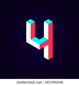 2.5d stylized blue red solid isometric number vector on dark background, modular geometric cube font with tik tok contrast color block, digital design for web & print, number four 4 symbol typography