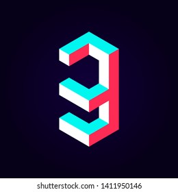 2.5d stylized blue red solid isometric number vector on dark background, modular geometric cube font with tik tok contrast color block, digital design for web & print, number three 3 symbol typography