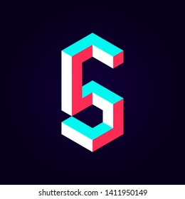 2.5d stylized blue red solid isometric number vector on dark background, modular geometric cube font with tik tok contrast color block, digital design for web & print, number five 5 symbol typography