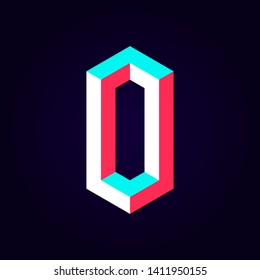 2.5d stylized blue red solid isometric number vector on dark background, modular geometric cube font with tik tok contrast color block, digital design for web & print, number zero 0 symbol typography