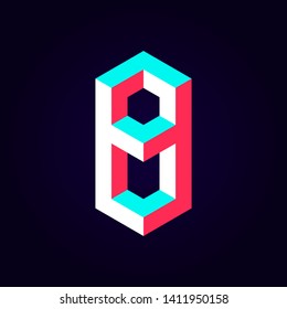 2.5d stylized blue red solid isometric number vector on dark background, modular geometric cube font with tik tok contrast color block, digital design for web & print, number eight 8 symbol typography