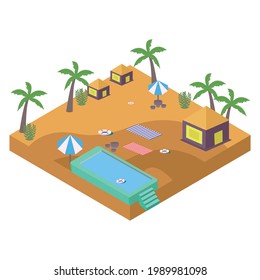 2.5D swimming pool vector design with the resort concept, swimming pool vector with 2.5D shaped, Swimming pool with a coconut tree in summertime.