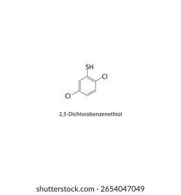 2,5-Dichlorobenzenethiol skeletal structure. halogen thiol compound schematic illustration. Simple diagram, chemical formula.