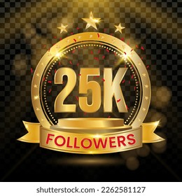 25K Followers Logotype with Gold and red Confetti Isolated on Black Background (PNG), Vector Design for Greeting Card and Social Media.