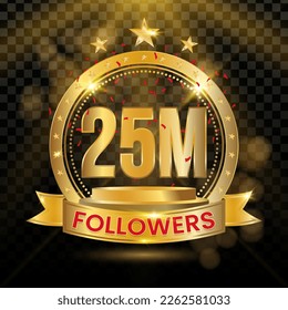 25M Followers Logotype with Gold and red Confetti Isolated on Black Background (PNG), Vector Design for Greeting Card and Social Media.