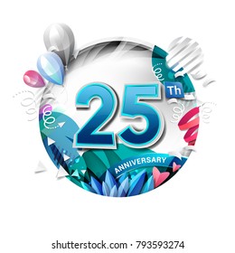 25th anniversary background with balloon and confetti on white. 3D paper style illustration. Poster or brochure template. Vector illustration.