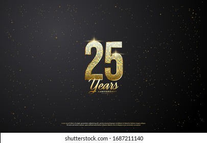 25th anniversary background with illustrations of light effects behind gold colored figures on a black background.