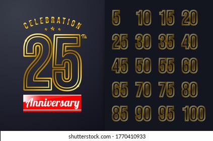 25th Anniversary Background Inspiration. Golden Line Colour Celebration Emblem Design. For Celebration, Invitation Card, And Greeting Card For Wedding Anniversary. Vector Illustration