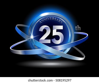 25th anniversary with blue ring graphic elements on black background