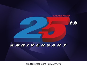 25th anniversary celebrating 3d logo red and blue color on blue background vector design
