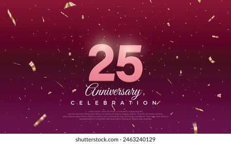 25th Anniversary celebration, 25 Anniversary celebration, Dark purple background, festive illustration,Realistic 3d sign, stars, Pink number with red ribbon 25 sparkling confetti, 25,26