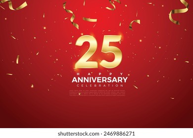 25th Anniversary celebration, 25 Anniversary celebration On Red background for celebration event, festive illustration, Golden number 25 sparkling confetti, 25,26
