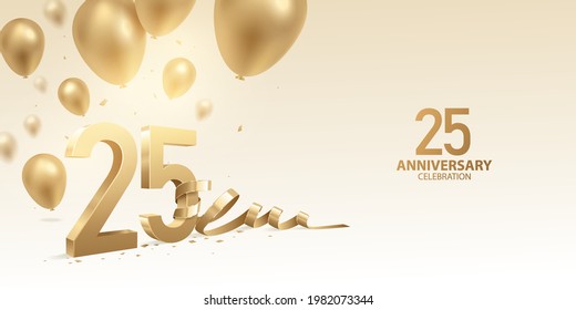 25th Anniversary celebration background. 3D Golden numbers with bent ribbon, confetti and balloons. svg