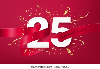 25th Anniversary celebration banner template. Big numbers with sparkles golden confetti and red ribbon. Festive event background. Realistic 3d style. Vector illustration.