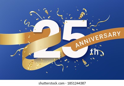 25th Anniversary celebration banner template. Big numbers with sparkles golden confetti and glitters ribbon. Festive event blue background. Realistic 3d style. Vector illustration.