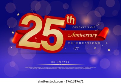 25th Anniversary celebration. Celebrating 25 years logo with confetti in Blue Background. Golden number 25 with sparkling confetti. 