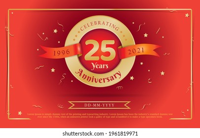 25th Anniversary celebration. Celebrating 25 years logo with confetti in Red Background. Golden number 25 with sparkling confetti. 