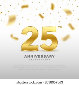 25th anniversary celebration with gold glitter color and white background. Vector design for celebrations, invitation cards and greeting cards.