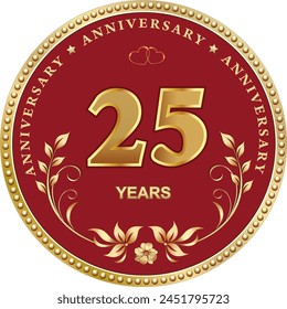25th Anniversary Celebration. Happy Birthday greeting card on red background in round decorative frame with golden laurel branches. Vector illustration