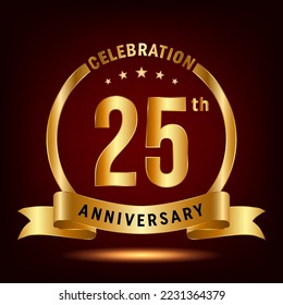 25th Anniversary Celebration. Anniversary Celebration Logo Design with Golden Ring and Ribbon, Vector Template Illustration