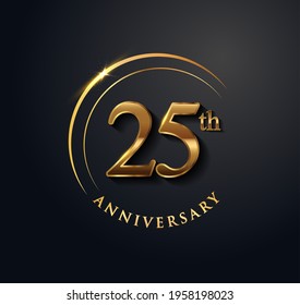25th Anniversary Celebration. Anniversary logo with ring and elegance golden color isolated on black background, vector design for celebration, invitation card, and greeting card. svg
