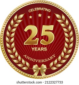 25-jähriges Jubiläum-Logo, Vektordesign, Grußkarte mit Lorbeerkranz im goldenen Kreis auf rotem Hintergrund mit Rochen. 