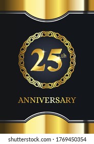 25th anniversary celebration. Luxury celebration template with golden decoration on black background. Elegant vector template for invitation card, celebration, greeting cards and other.