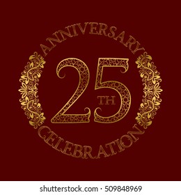 25th anniversary celebration vintage patterned logo symbol. Golden circular ornate emblem on red.