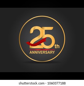 25th anniversary design golden color with ring and red ribbon isolated on black background for celebration