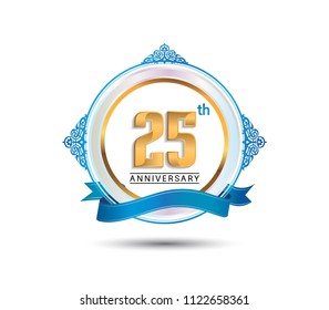 25th anniversary design golden color on circle with blue ornament and ribbon for celebration event 
