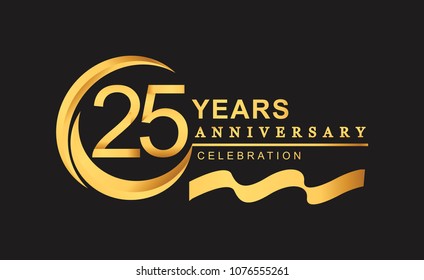 25th anniversary design logotype golden color with ring and gold ribbon for anniversary celebration
