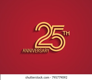 25th anniversary design logotype with line style golden color for celebration event isolated on red background