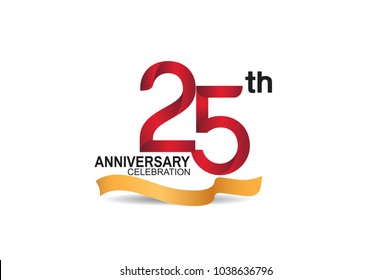 25th anniversary design logotype red color and golden ribbon for celebration isolated on white background