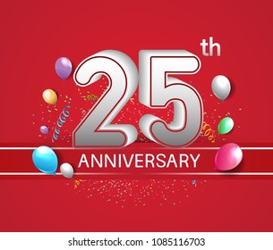 25th anniversary design red background with balloons and confetti for company celebration event 