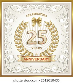 25th Anniversary design template with laurel wreath in golden frame with creative pattern on light background with ribbon for poster, banner, brochure, magazine, booklet, invitation, greeting card.
