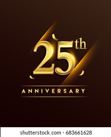 25th anniversary glowing logotype with confetti golden colored isolated on dark background, vector design for greeting card and invitation card.