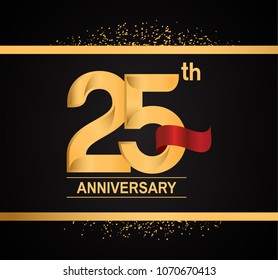 25th anniversary golden design with red ribbon and glitter isolated on black background for celebration