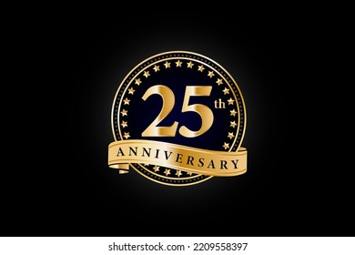 Logo dorado del 25º aniversario con anillo de oro y cinta aislada en fondo negro, diseño vectorial para celebración.