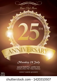 25th Anniversary golden Logo with Golden ribbon Isolated on dark red cloth Background with ornament. Design template with sample text for promoting your vintage events