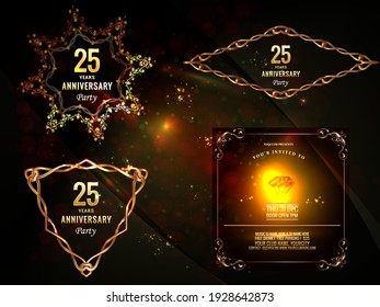25th anniversary golden logo star pack in a geometric style. Twenty five years anniversary celebration logotype set. Vector illustration, banner on a pattern background for business, web. Easy to edit
