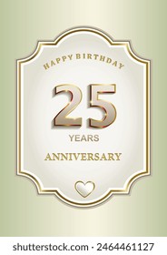 25th anniversary, greeting card, festive background with the date in decorative frame. Vector illustration