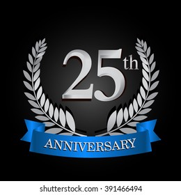25th anniversary logo with blue ribbon and laurel wreath, vector template for birthday celebration.