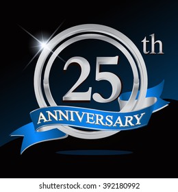 25th anniversary logo with blue ribbon and silver ring, vector template for birthday celebration.