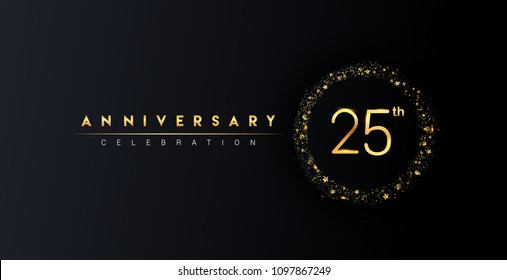 25th anniversary logo with confetti and golden glitter ring isolated on black background, vector design for greeting card and invitation card.