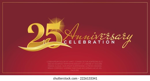  25th anniversary logo with confetti golden colored text isolated on red background, vector design for greeting card and invitation card
