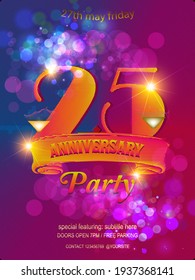 25th anniversary logo, confetti, wine glass and golden ribbon isolated on geometric shape background,,sparkle, vector design for greeting card and invitation card. Easy to edit.