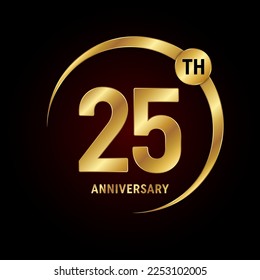 25th anniversary. Anniversary logo design concept with golden ring for anniversary celebration event, invitation card, greeting card, banner, poster, flyer, book cover. Logo Vector Template